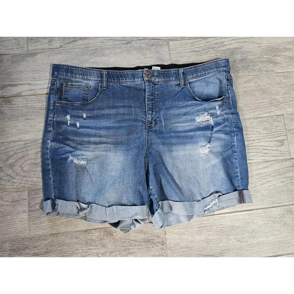 Women's Terra & Sky Denim Jeans Shorts Distressed Size 28W Blue Elastic Waist - Picture 1 of 12